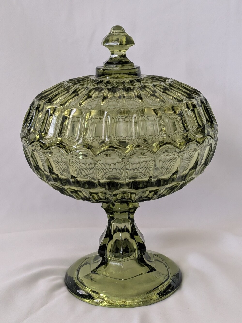 VTG Fenton Colonial Green Glass Thumbprint Covered Pedestal Candy / Compote Dish
